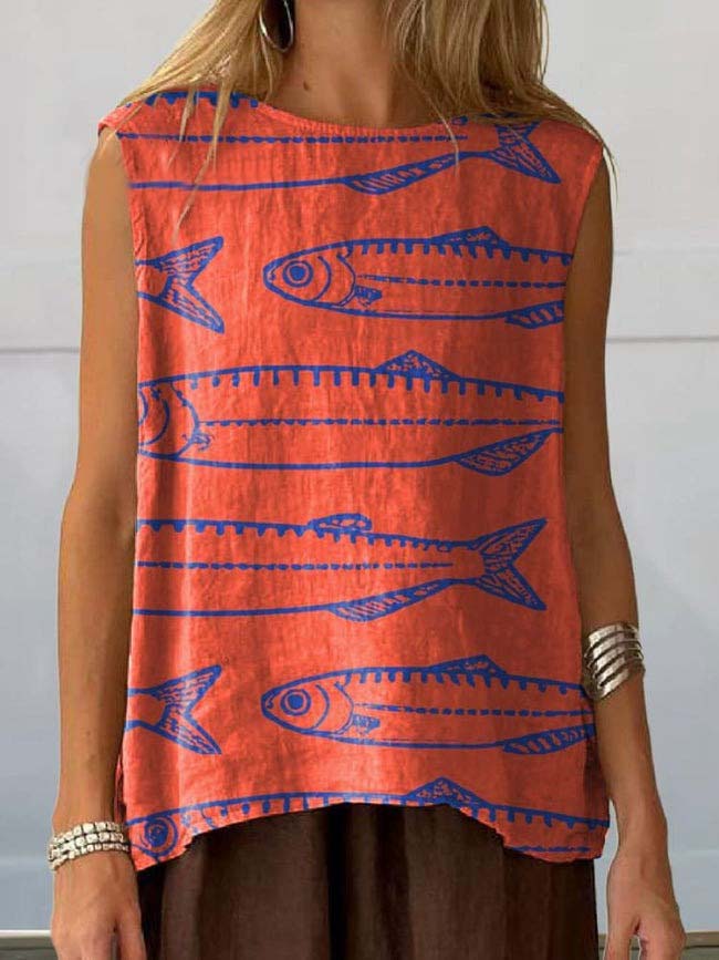 Vintage Style Sardine Fish Pattern Printed Women's Casual Tank Top