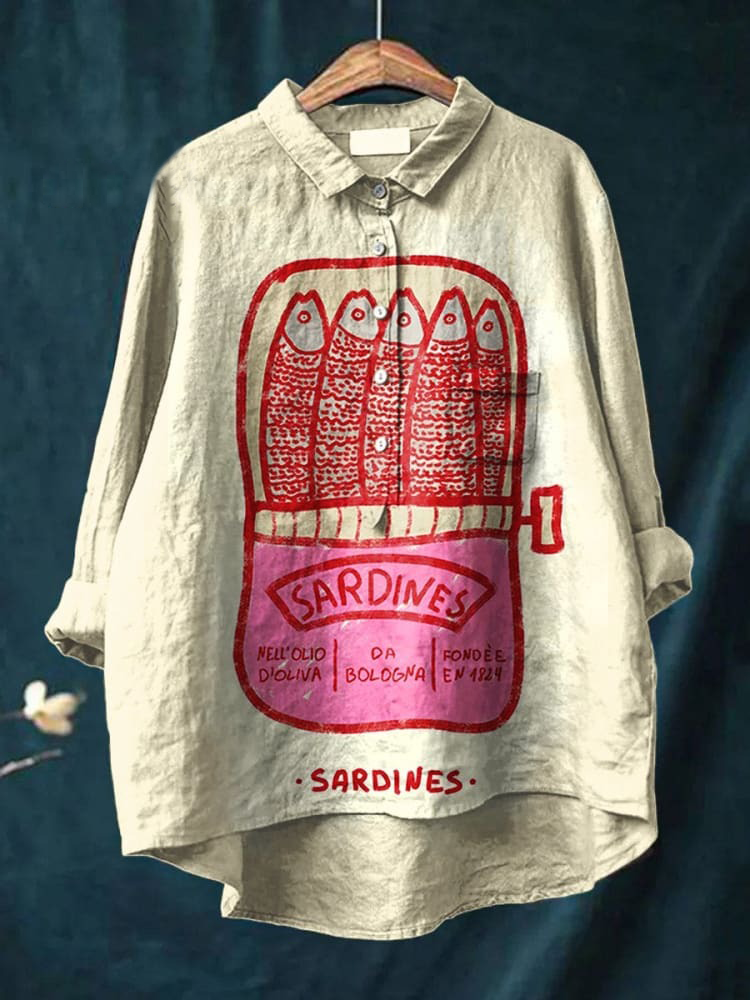Women's  Sardines  Art Print Casual Cotton And Linen Shirt
