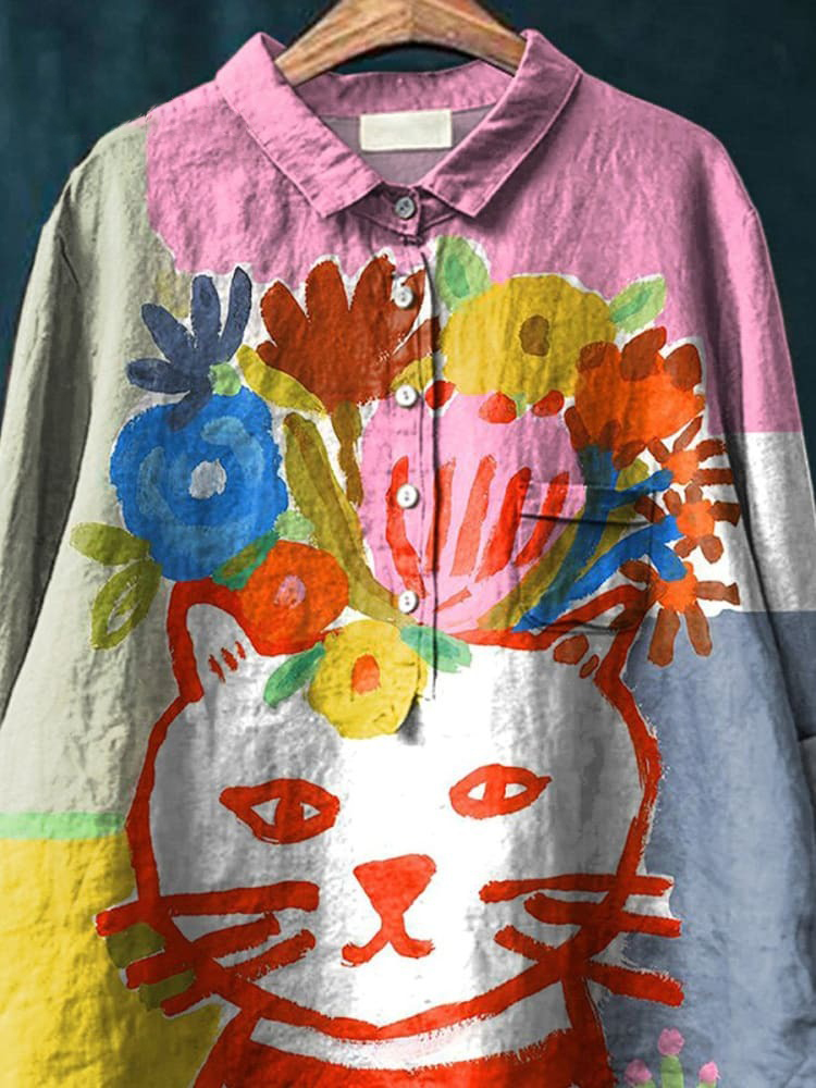 Cat In Floral Crown Painting Printed Women's Casual Cotton And Linen Shirt