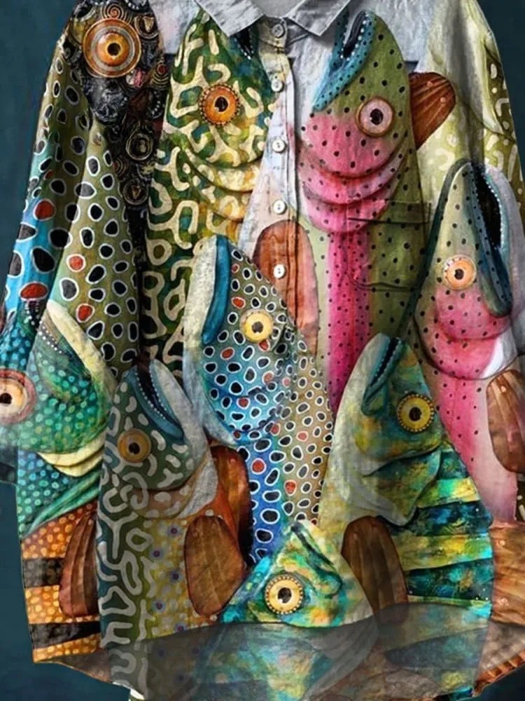 Vintage Funny Fish Art Print Casual Shirt