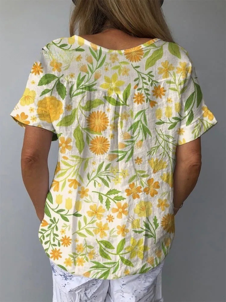Lovely Summer Floral Pattern Printed Women's Casual Cotton And Linen Shirt
