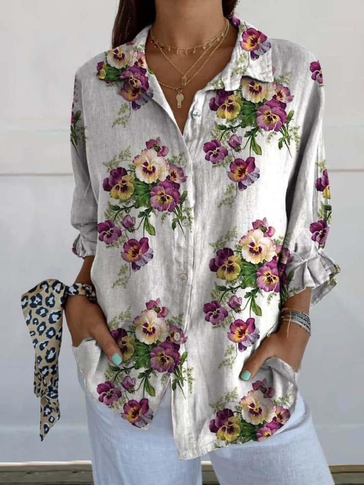 Women's Vintage Lovely Pansies Art Print Casual Linen V-neck Shirt