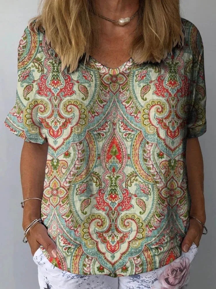 Women's Vintage Floral Art Print Casual Cotton And Linen Shirt