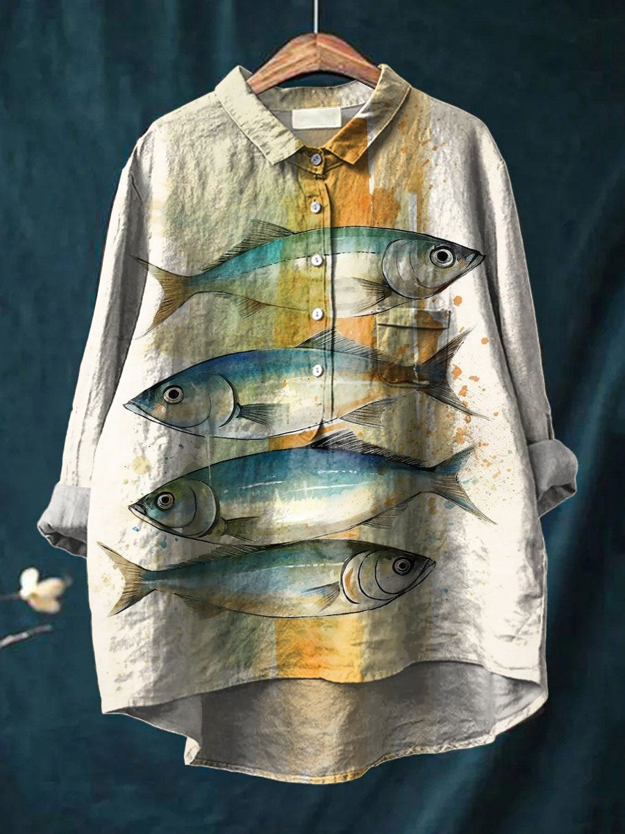 Vintage Lovely Fish Art Print Casual Cotton And Linen Shirt