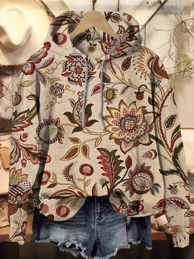 Women's Vintage Folk Floral Art Print Casual Hoodie Sweatshirt