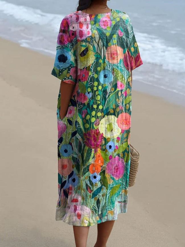 Women's Vintage Floral Art Print Flowy Dress