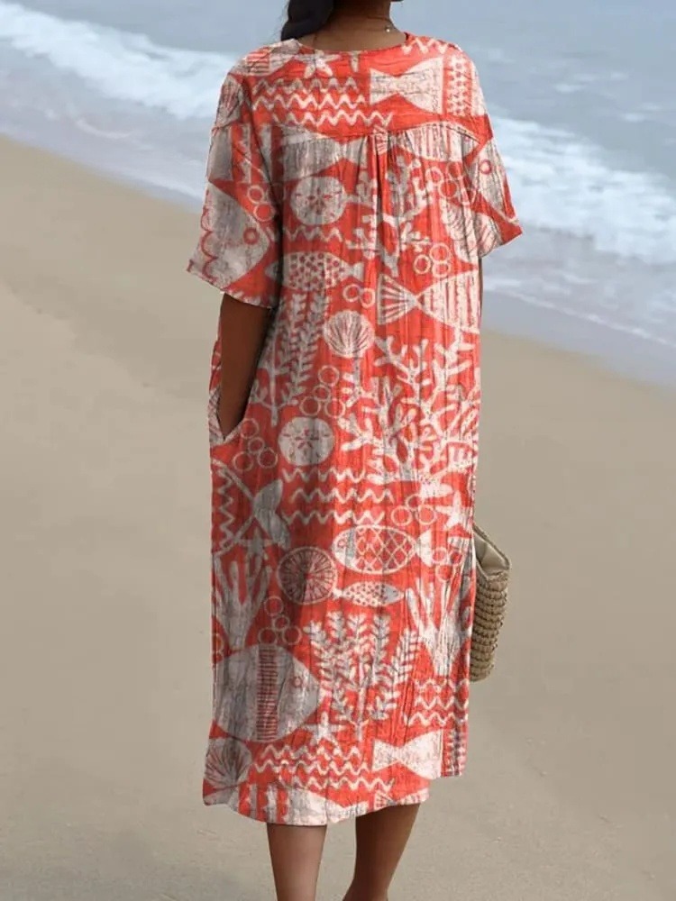 Women's Vintage Lovely Fish Art Print Flowy Dress