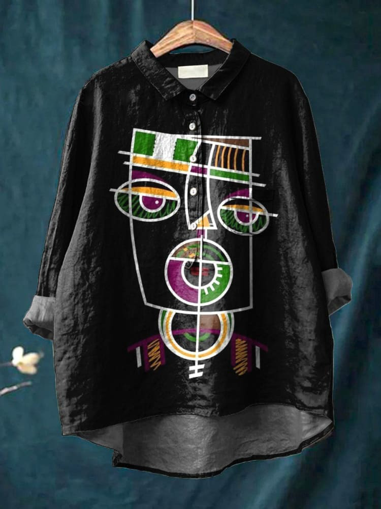 Abstract Tribal Voodoo Doll Graphic Printed Women's Casual Cotton And Linen Shirt