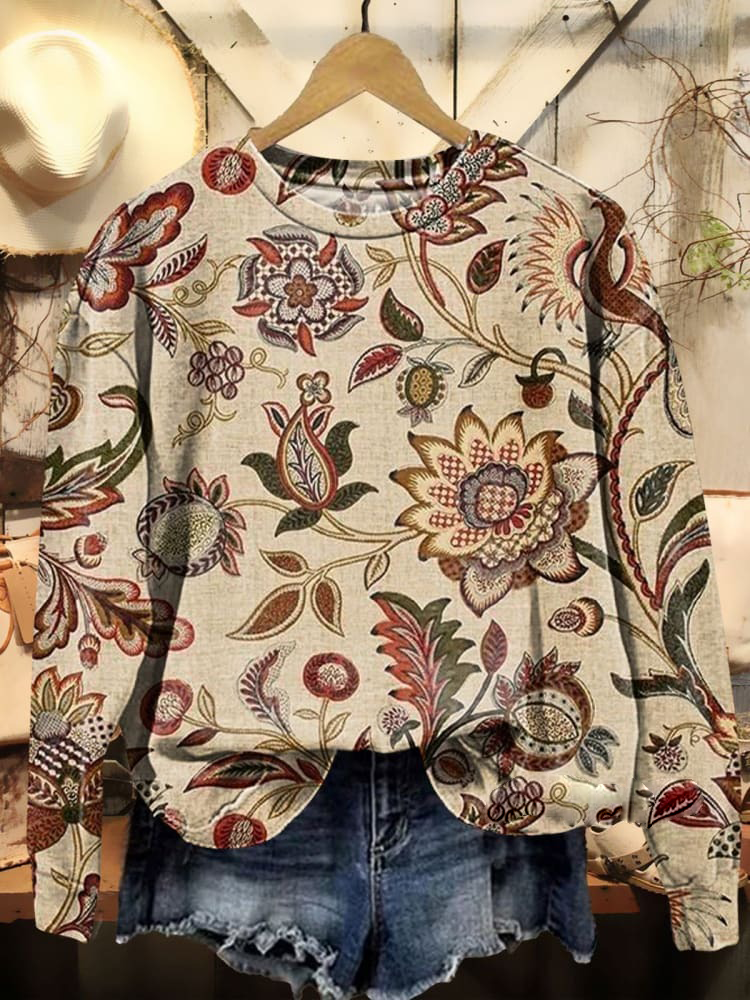 Women's Vintage Folk Floral Art Print Casual Sweatshirt