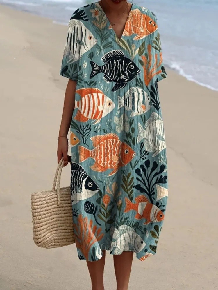 Women's Vintage Lovely Fish Art Print Flowy Dress