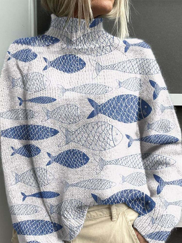Blue Japanese Fish Print Knit Turtleneck Pullover Sweater