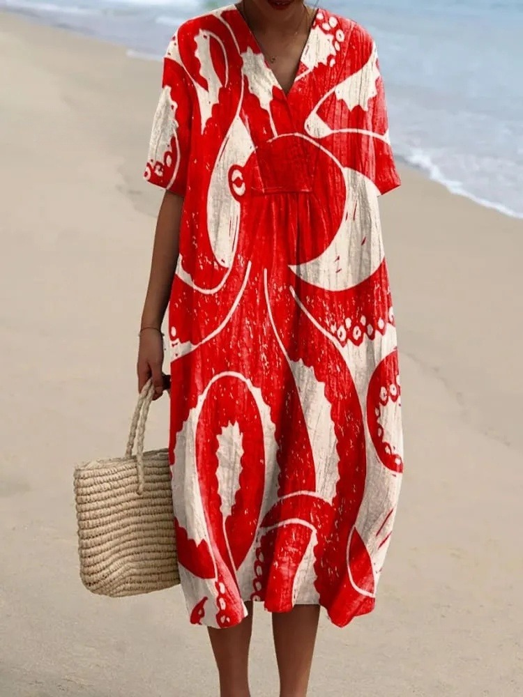 Women's Vintage Octopus Art Print Flowy Dress