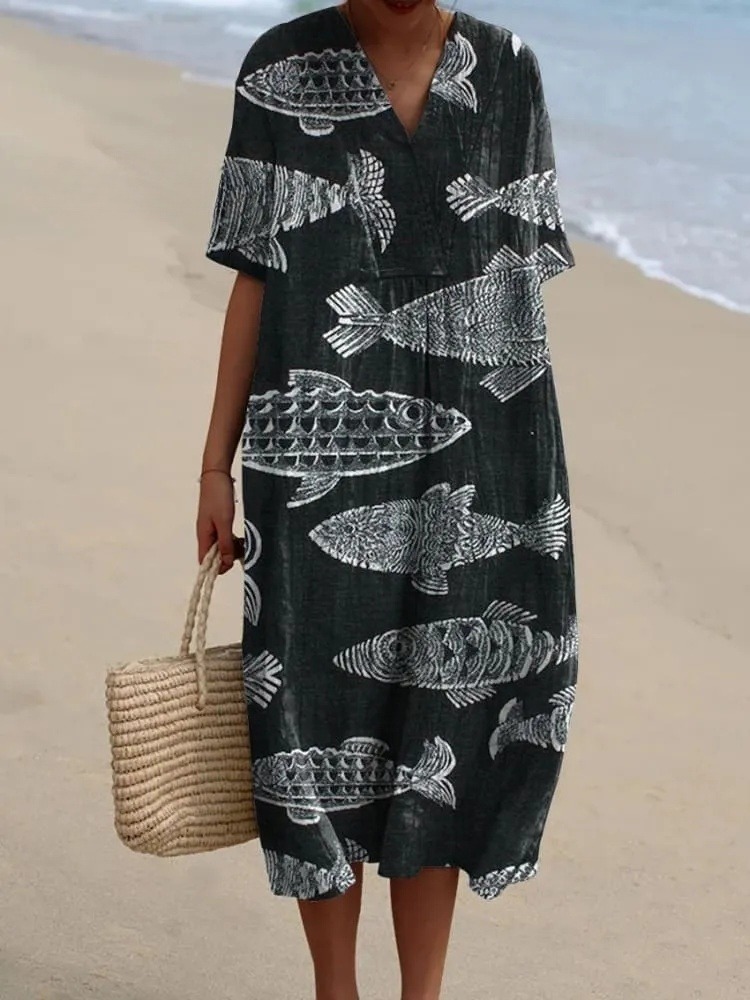 Women's Vintage Lovely Fish Art Print Flowy Dress