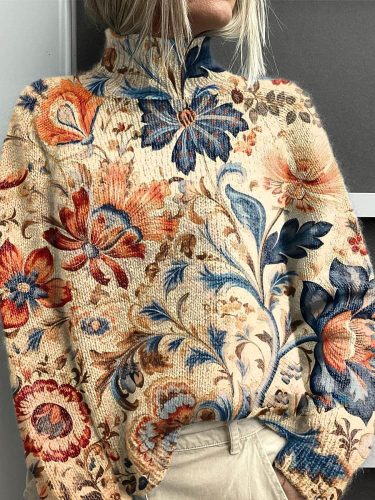 Women's Vintage Lovely Floral Art Print Knit Turtleneck Pullover Sweater