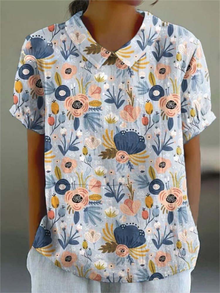 Women's  Flower  Art Print Casual Cotton And Linen Shirt