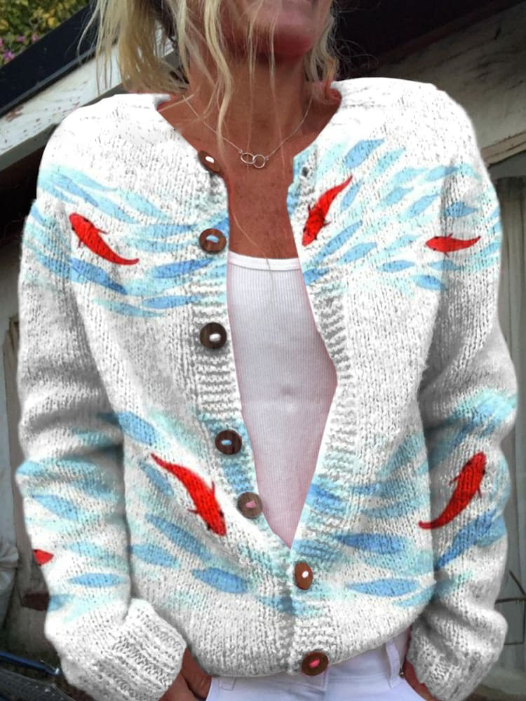 Elegant Fish Decorative Pattern Buttoned Cardigan Sweater