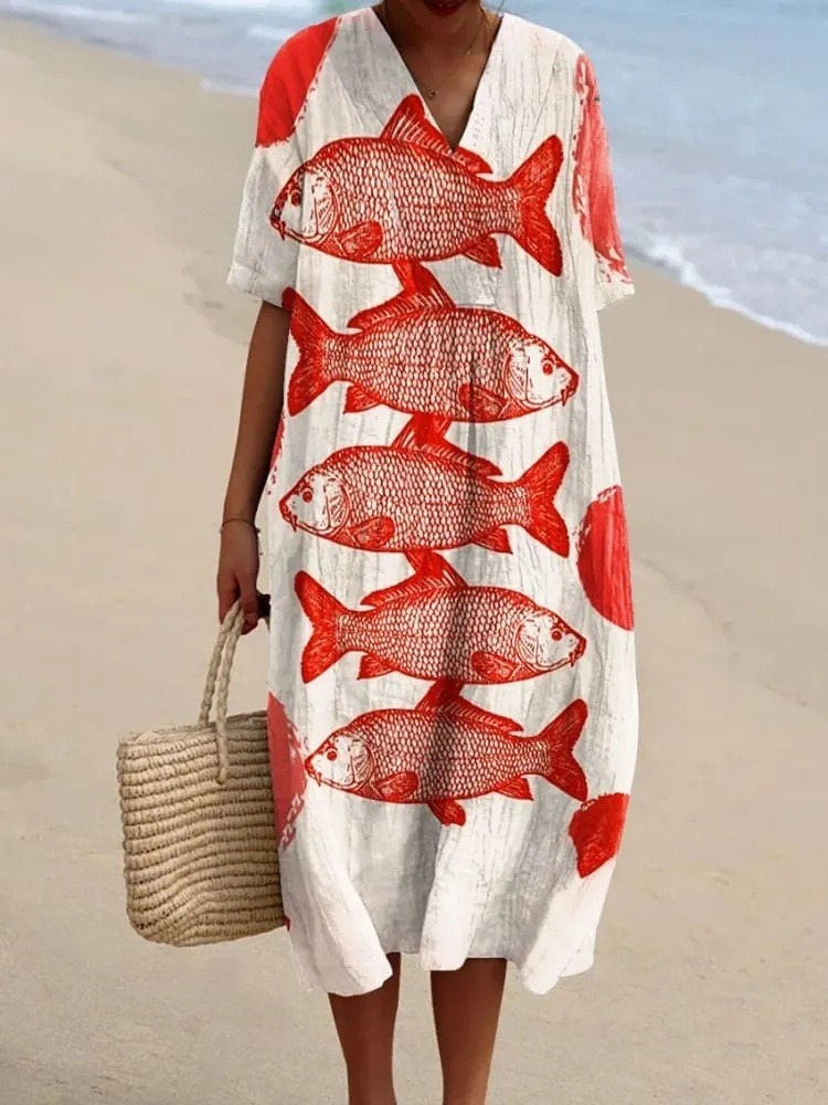 Women's Vintage Fish Art Print Flowy Dress