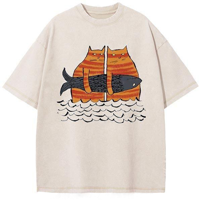Unisex Tacit Cat Printed Washed Tee