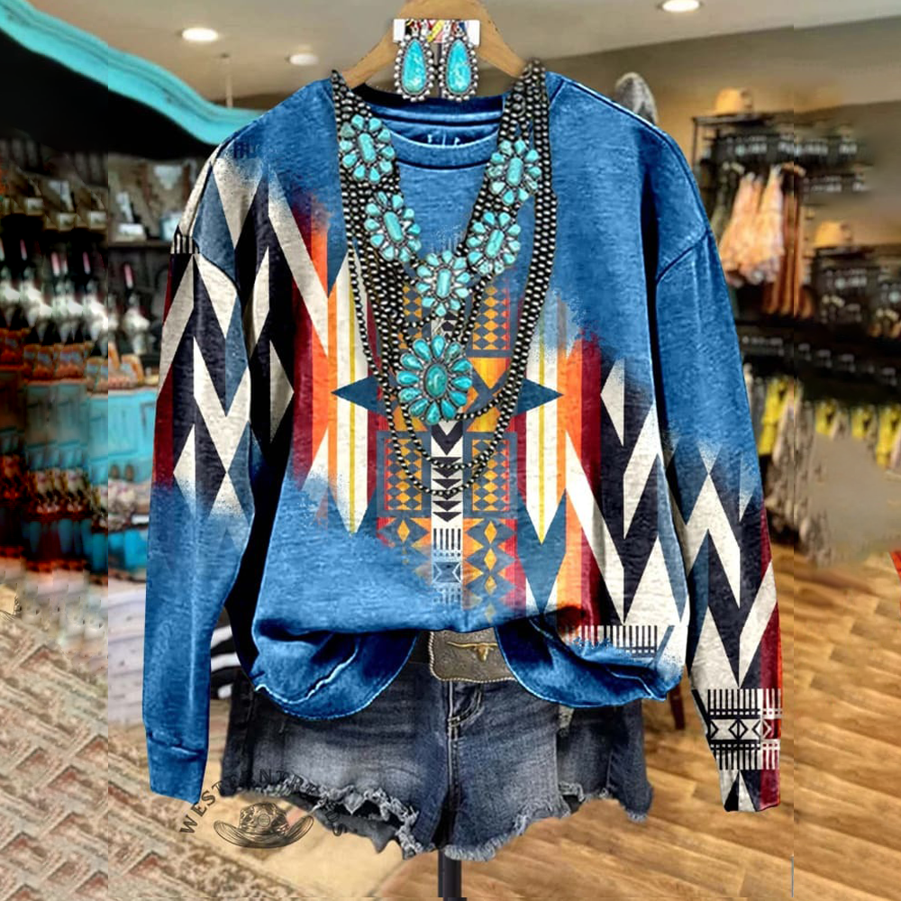 Blue Aztec Print Casual Sweatshirt