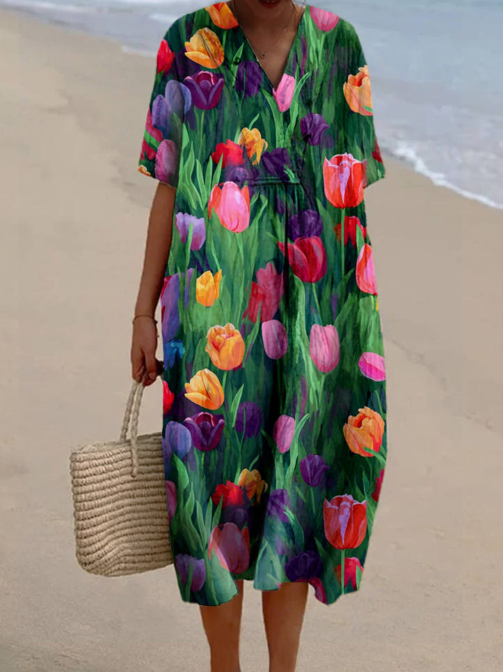 Women's Tulip Flower Colorblock Print Casual Cotton And Linen Dress