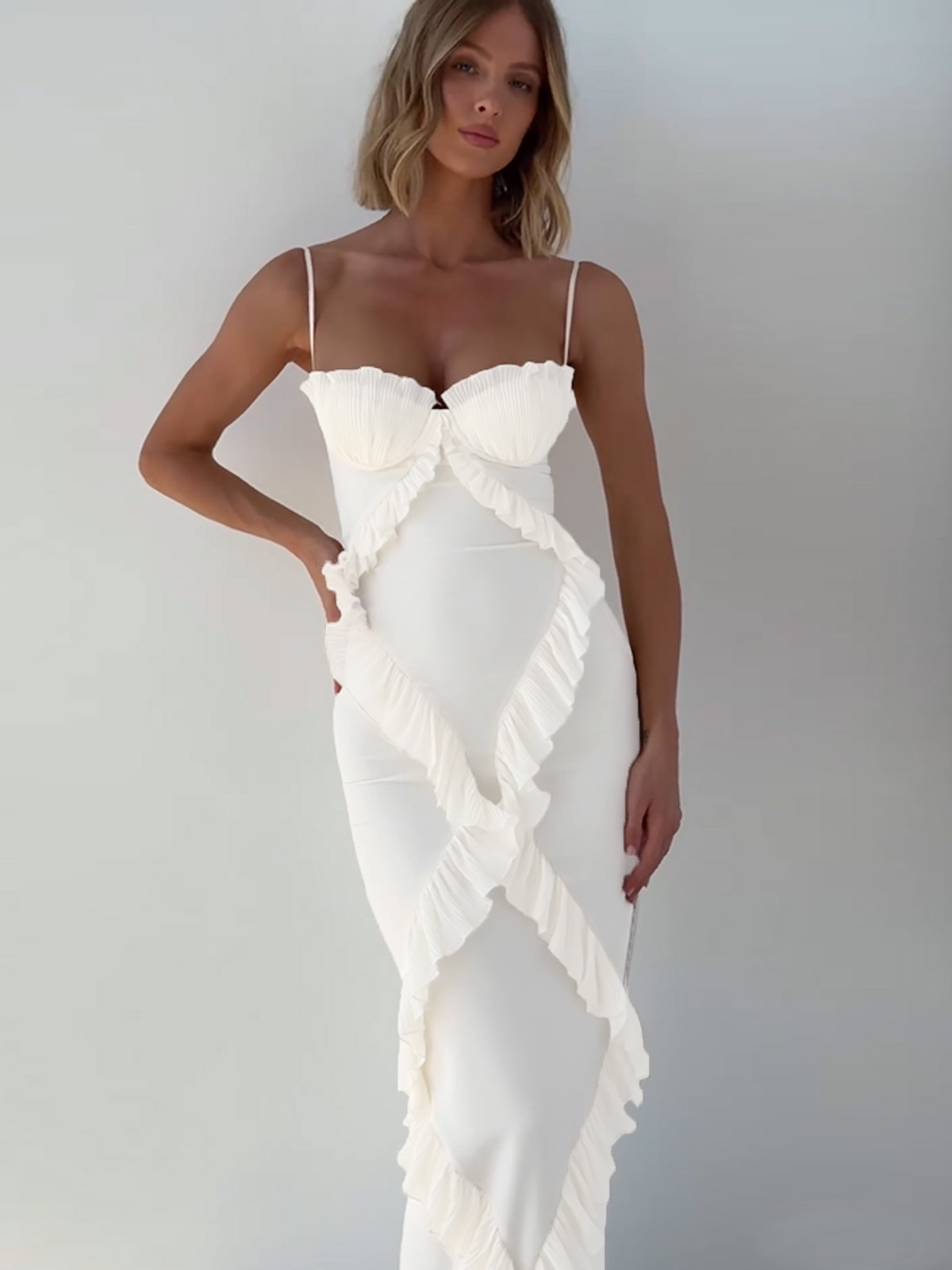 White fungus-trimmed slit maxi dress