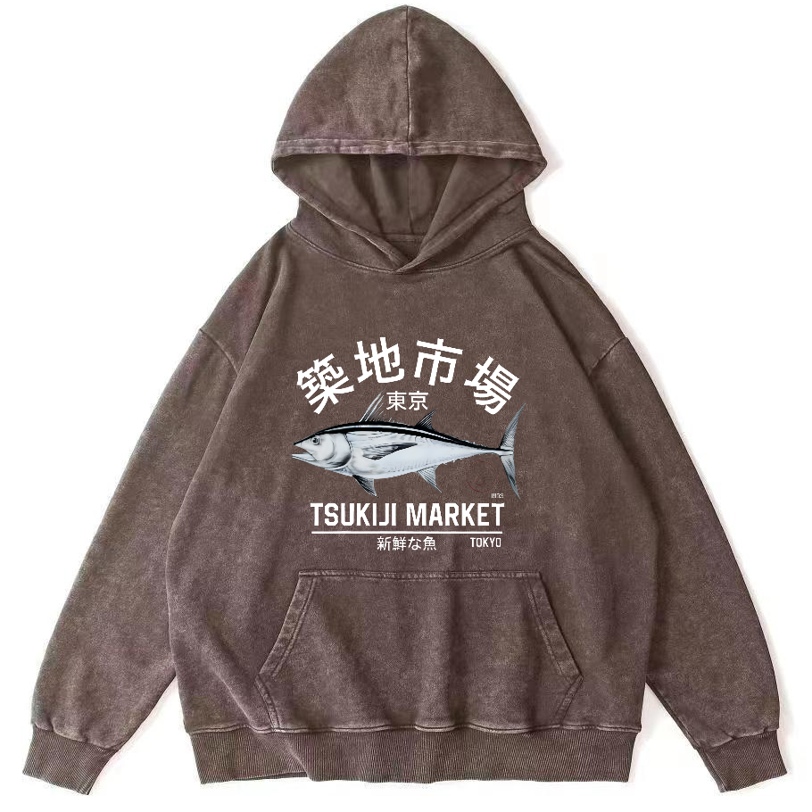 Japanese Seafood Market Salmon Vintage Distressed Hoodie
