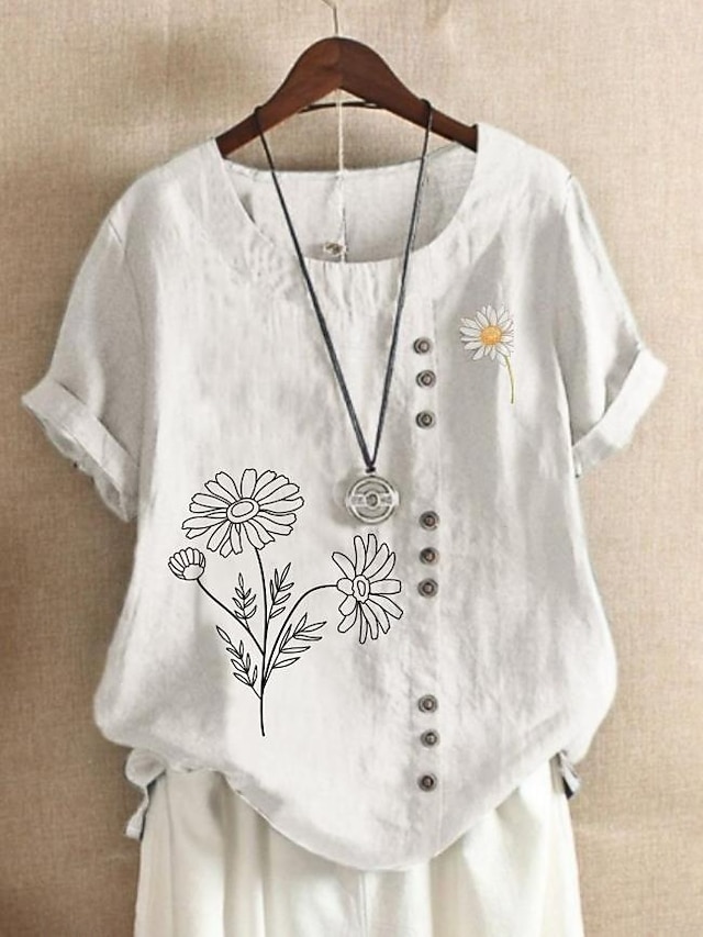 Women's Short-Sleeved Blouse. Elegant Graphic Floral Print