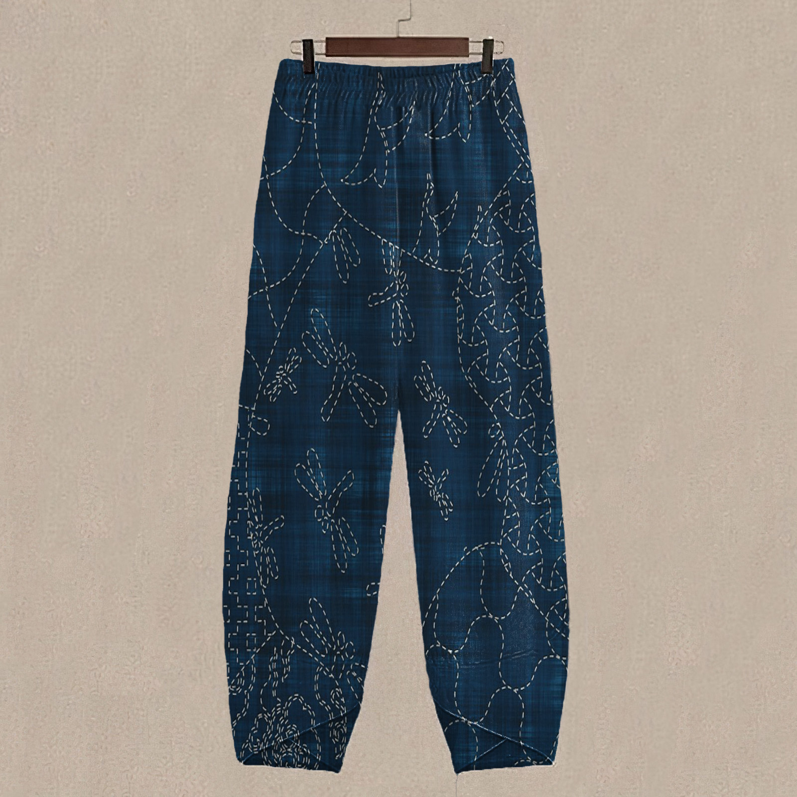 Vintage Japanese Sashiko Art Linen Blend Cropped Casual Pants