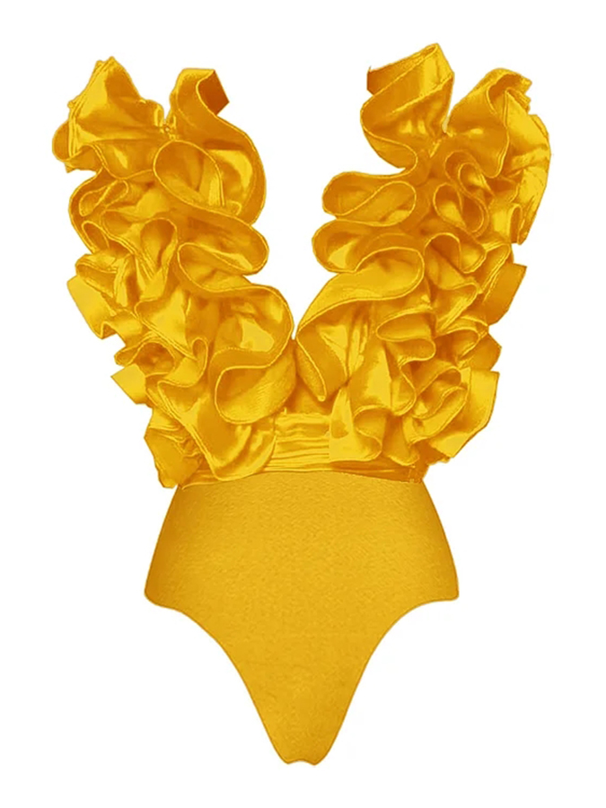 Frilled V Neck One Piece Swimsuit and Skirt