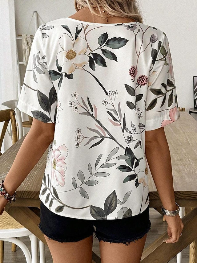 Women's Elegant Short-Sleeved Blouse with Floral Print