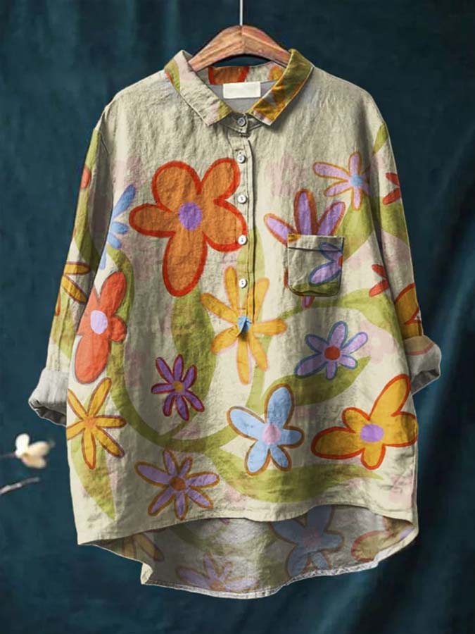 Women's Floral Art Print Casual Cotton And Linen Shirt