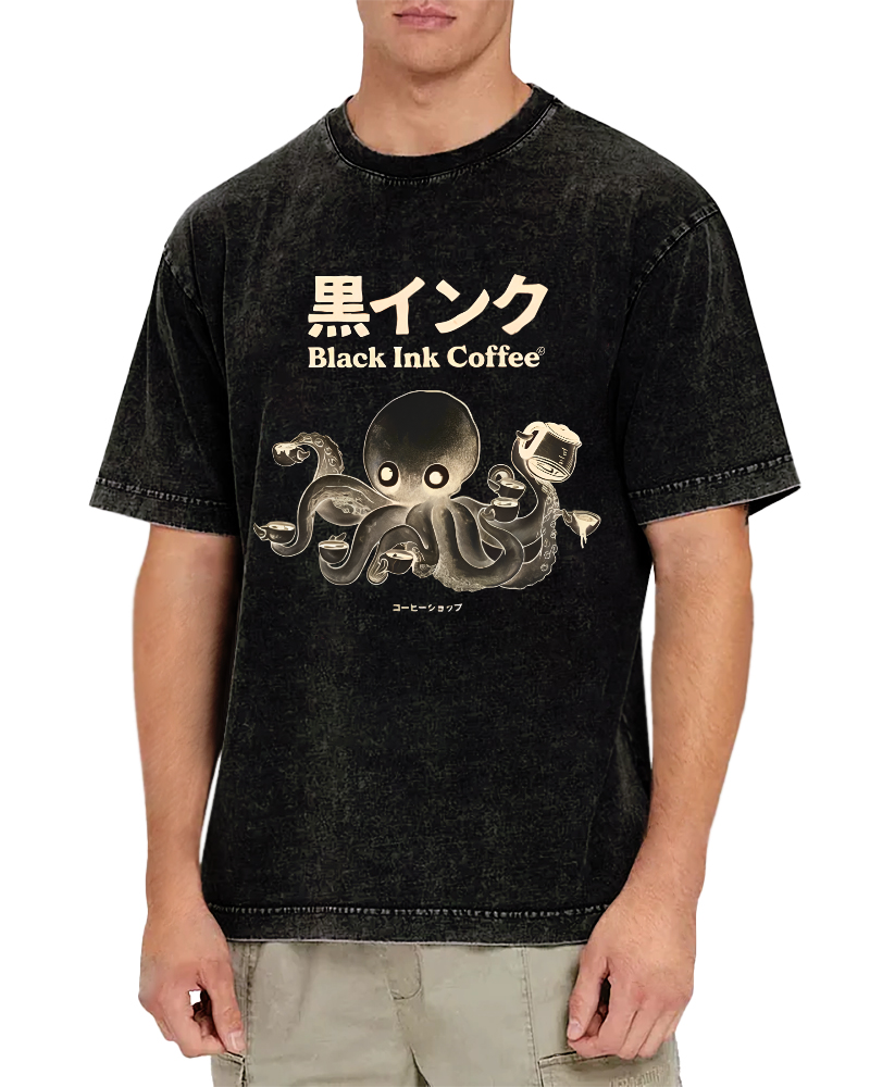 Black Ink Coffee Octopus Japan Vintage Washed T-shirt