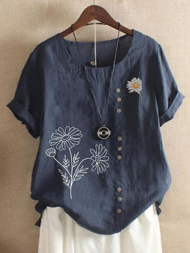 Women's Short-Sleeved Blouse. Elegant Graphic Floral Print