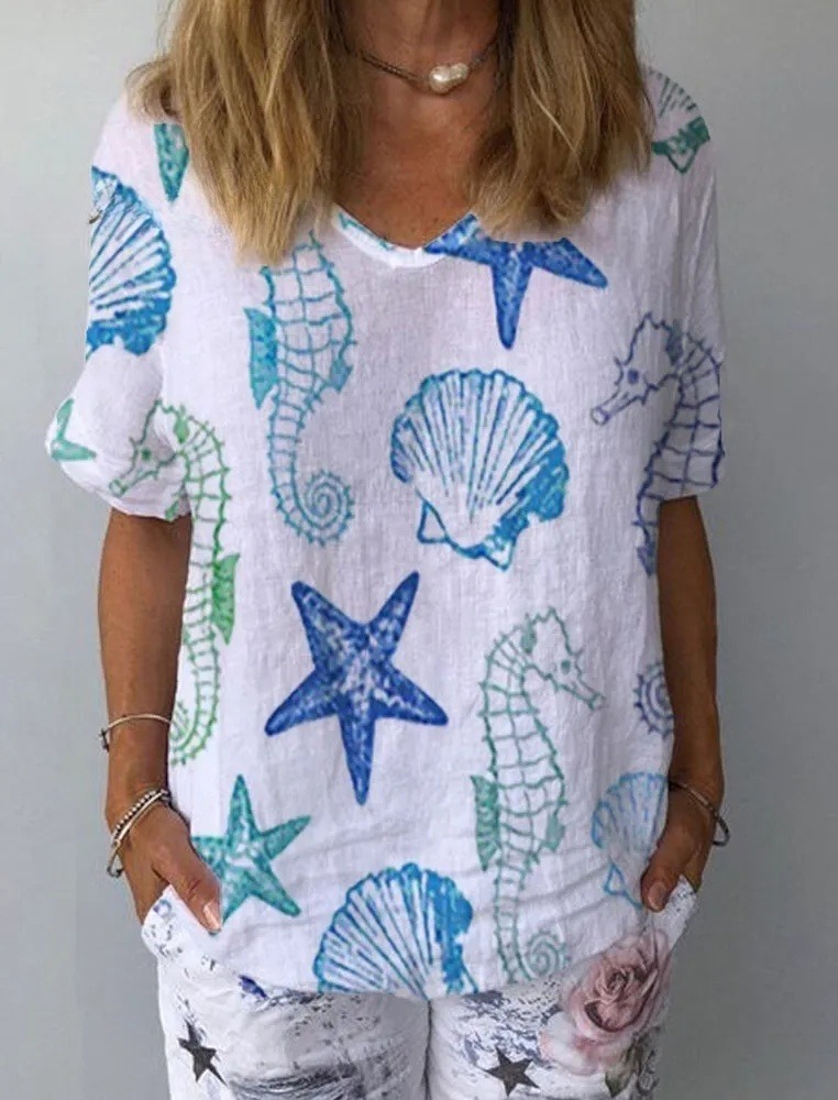 Ocean Style Sea Star Print Short Sleeve T-Shirts