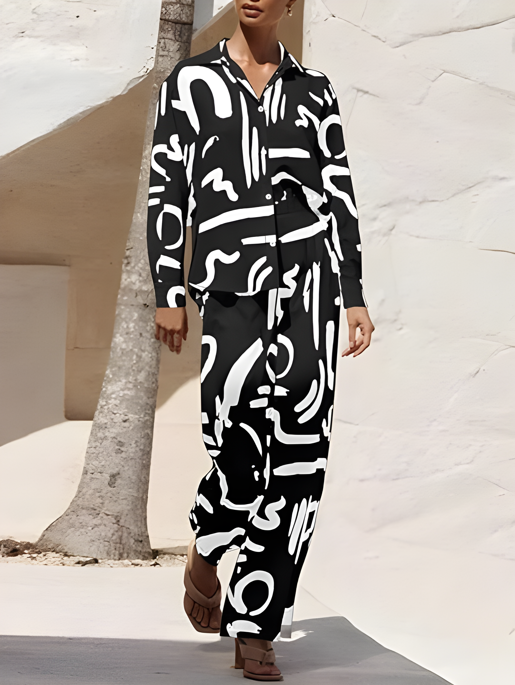 Women’s Black and White Irregular Stripes Two Piece Lounge Set Casual Long Sleeve Shirts and Wide Leg Pants