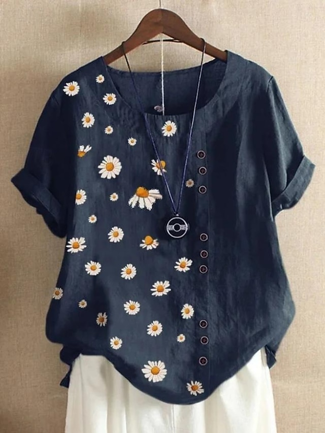 Women's Short - Sleeved Blouse. Elegant Graphic Floral & Leaf Print