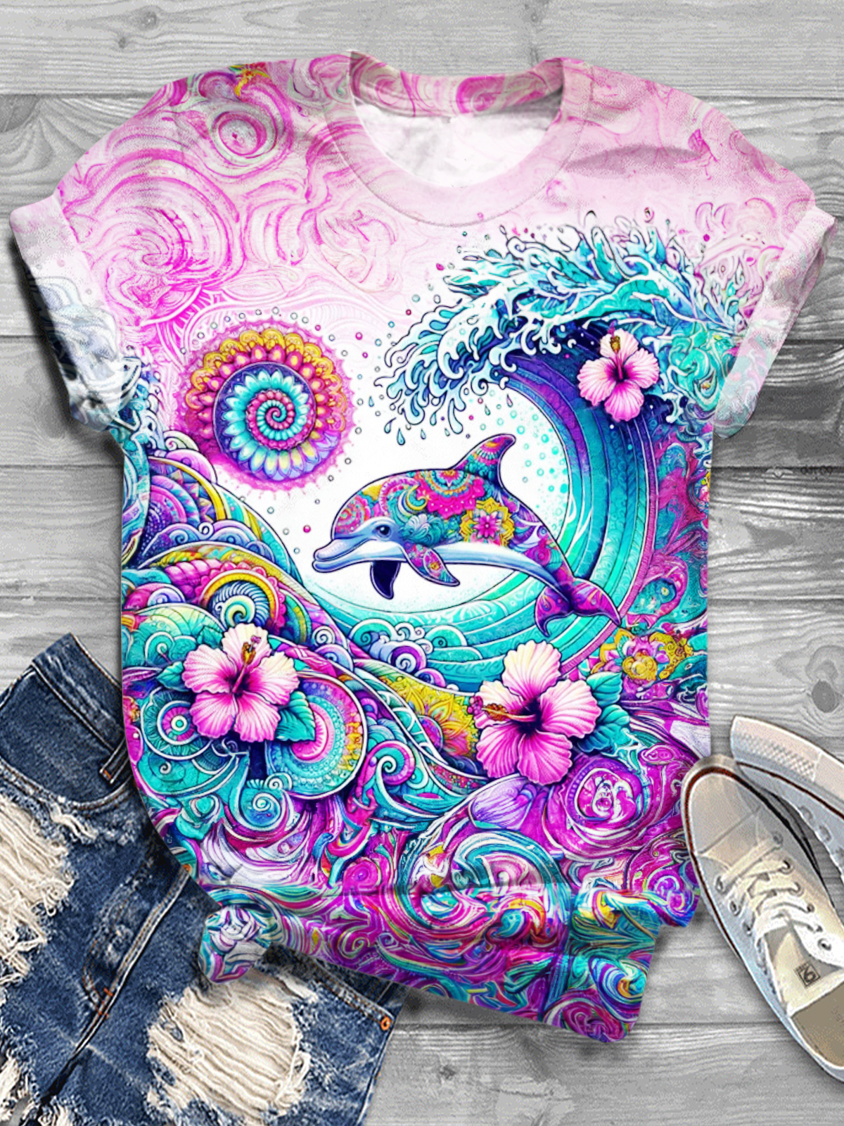 Tropical Summer Beach Floral Dolphin Crew Neck T-shirt