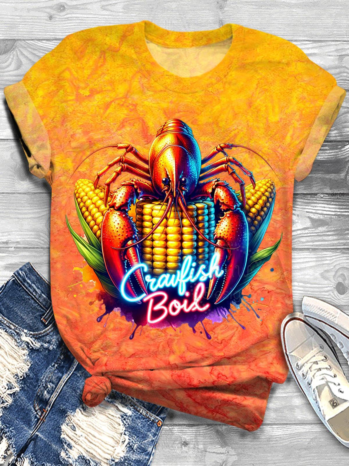 Crawfish Boil Watercolor Printed Crew Neck T-shirt