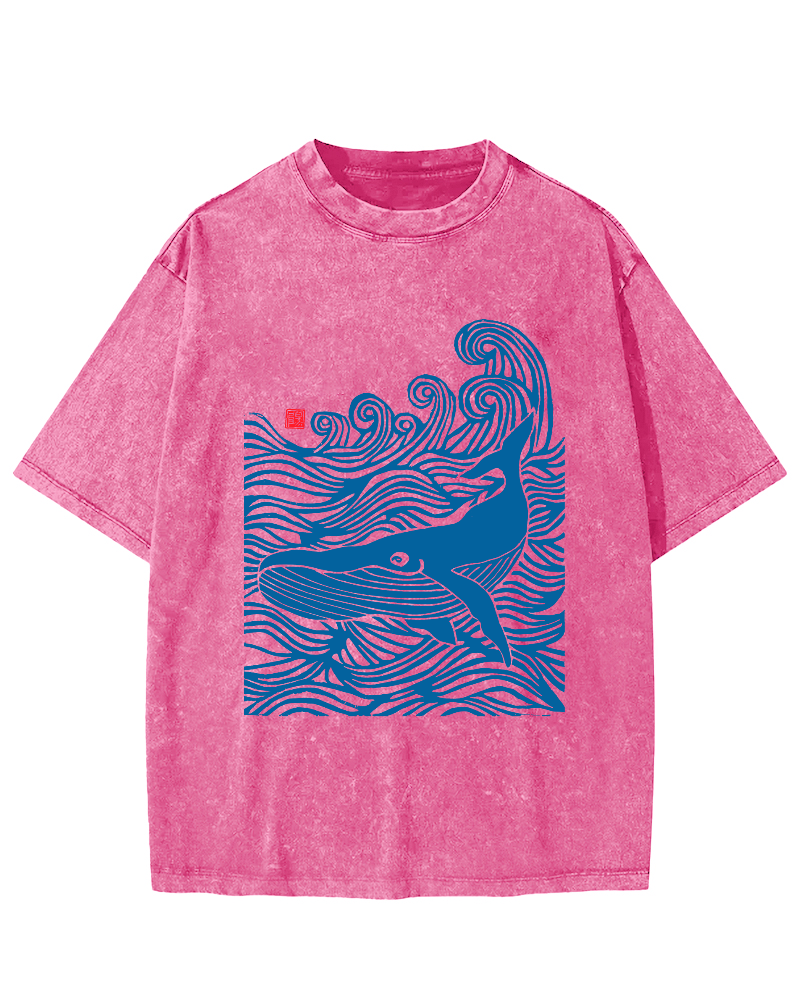 Whales in the Waves, Japanese Style Vintage Washed T-shirt
