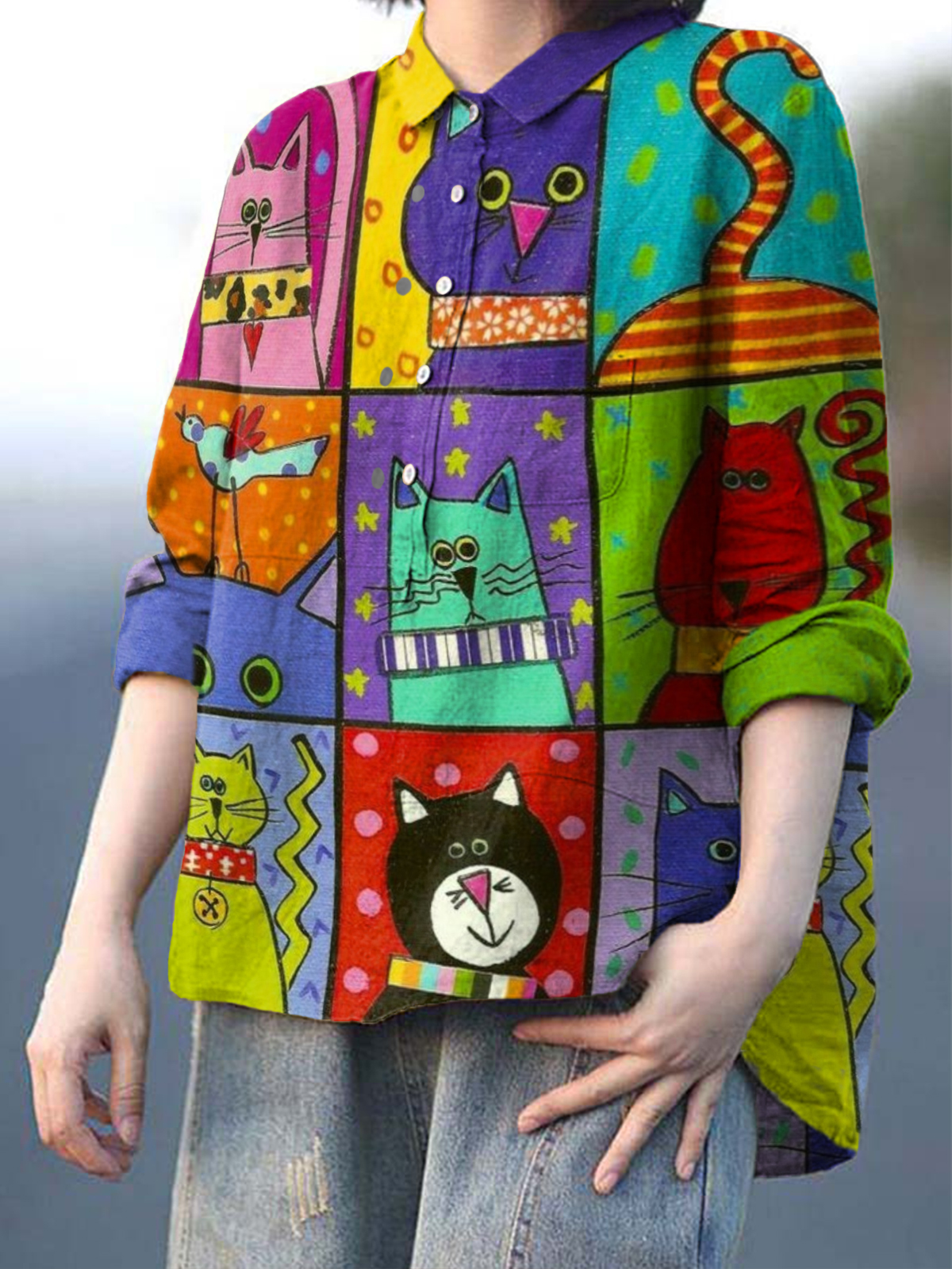 Women's Cartooon Cat Print Casual Cotton And Linen Shirt