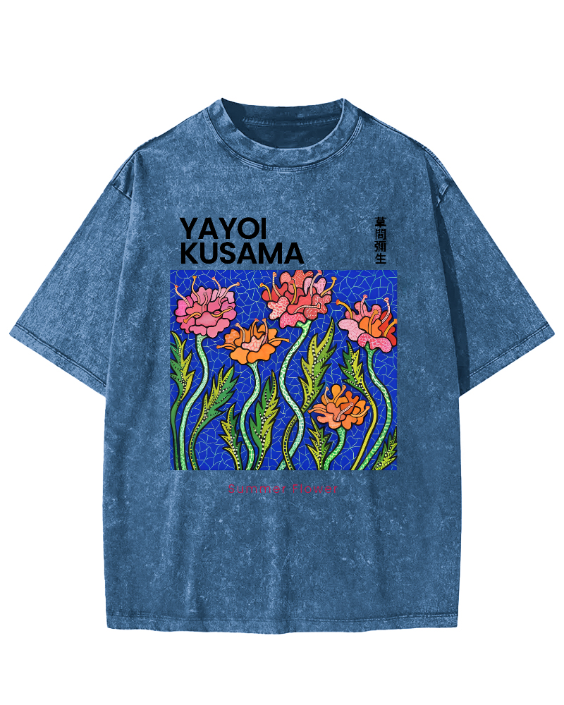 Summer Flower Art Japanese Style Vintage Washed T-shirt