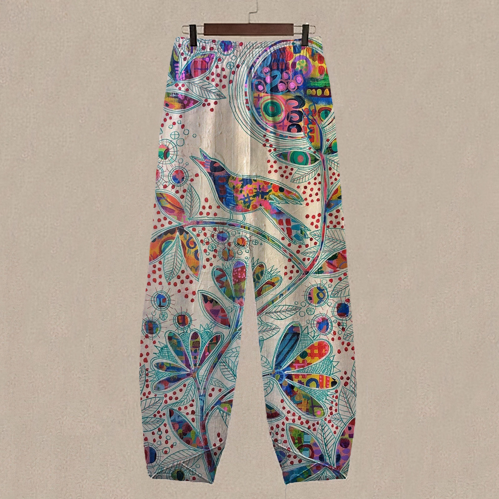 Women's Vintage Lovely Floral Bird Art Printed   Casual Pants