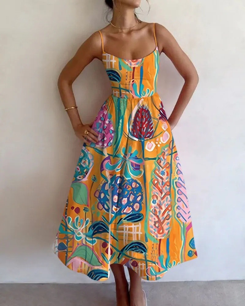 Color Oil Painting Printed Sling Dress
