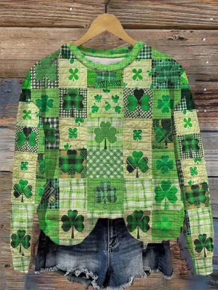 St. Patrick'S Day Retro Lucky Clover Print Casual  Sweatshirt