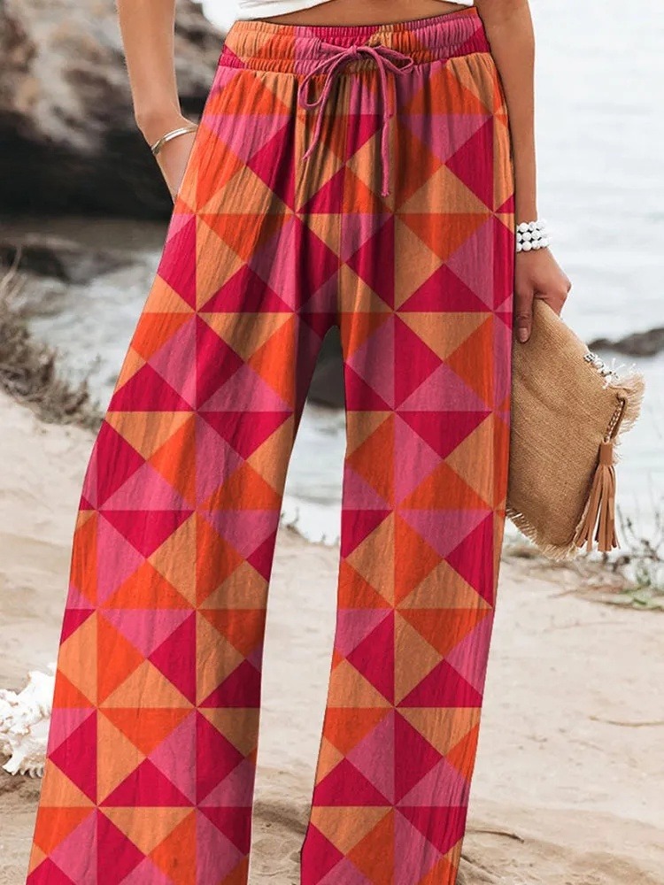 Summer Geometric Pattern Printed Women's Cotton And Linen Casual Pants