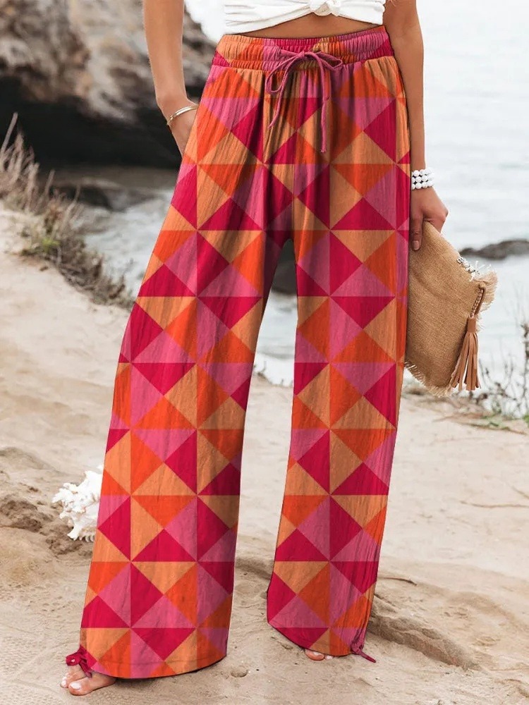 Summer Geometric Pattern Printed Women's Cotton And Linen Casual Pants