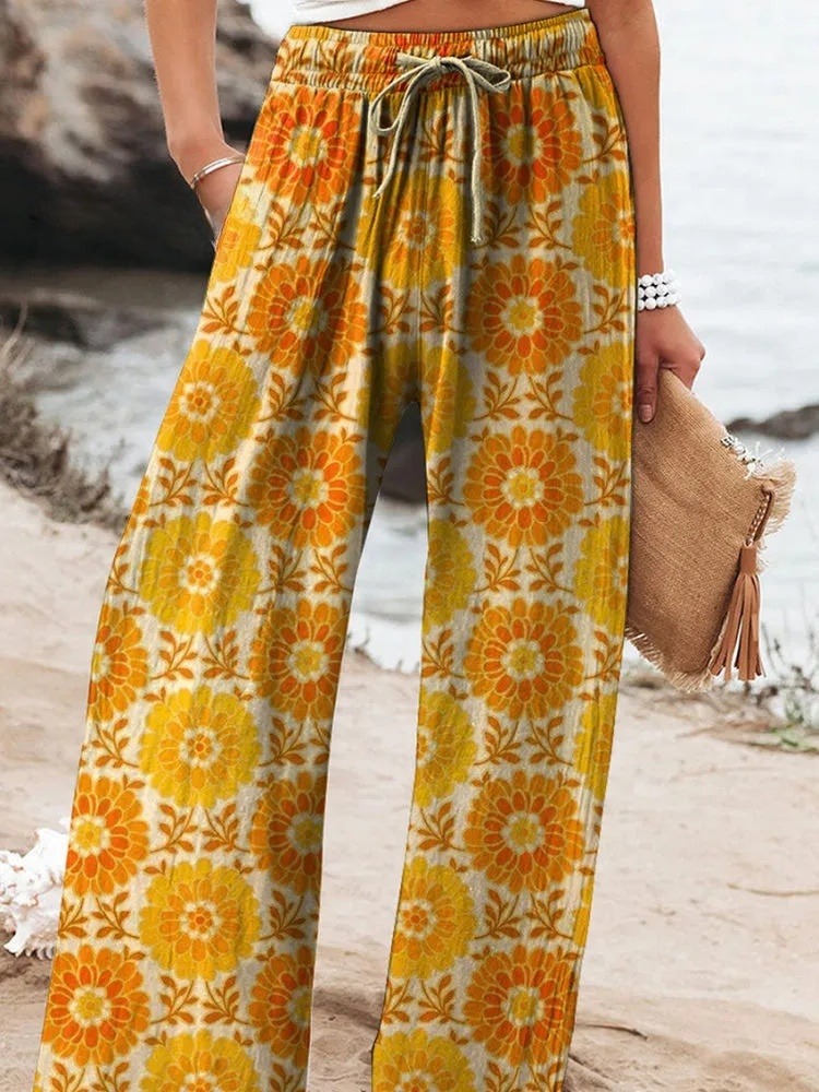 Summer Gerbera Floral Pattern Printed Women's Cotton And Linen Casual Pants