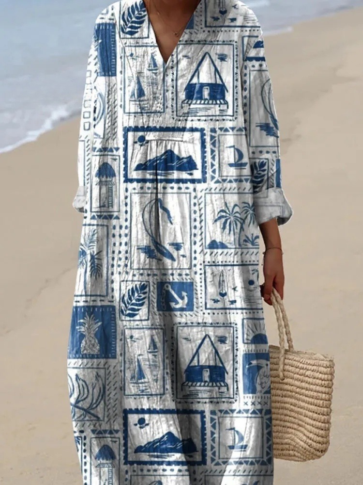 Summer Vacation Stamp Pattern Printed Women's Dress
