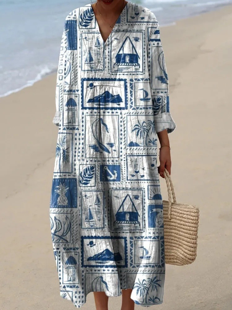 Summer Vacation Stamp Pattern Printed Women's Dress