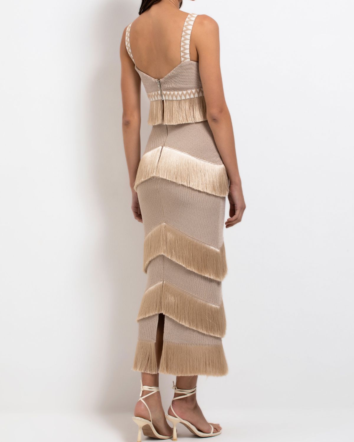 V-Neck Fringe Beach Fringed Solid Color Bikini Swimsuit and Skirt